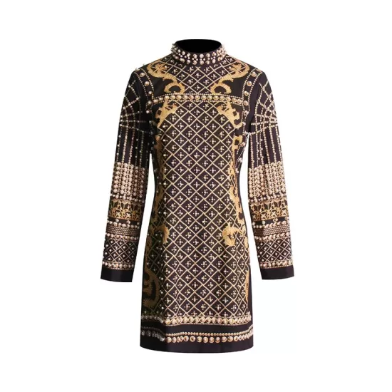 Beaded Long Sleeves High Neck Mini Dresses