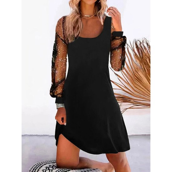 Mesh Split-Joint A-line Long Sleeves U-neck Mini Dresses