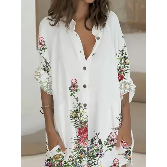 Buttoned Flower Print Long Sleeves Loose Lapel Shirt Dress Mini Dresses