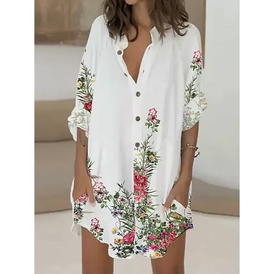 Buttoned Flower Print Long Sleeves Loose Lapel Shirt Dress Mini Dresses