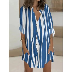 Buttoned Striped Long Sleeves Loose Lapel Shirt Dress Mini Dresses