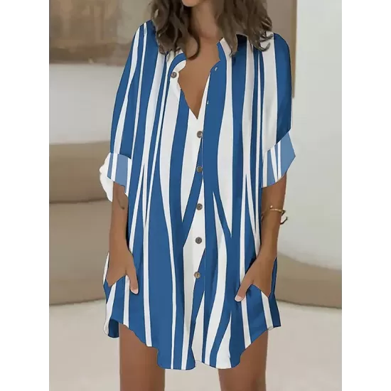 Buttoned Striped Long Sleeves Loose Lapel Shirt Dress Mini Dresses