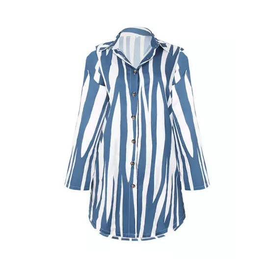 Buttoned Striped Long Sleeves Loose Lapel Shirt Dress Mini Dresses