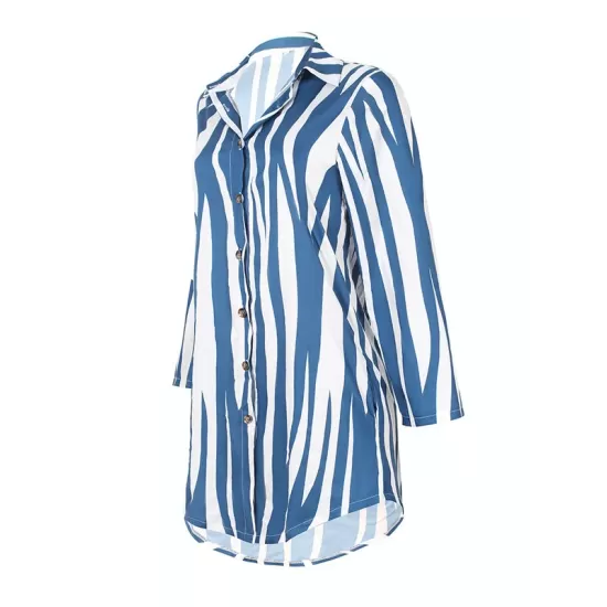 Buttoned Striped Long Sleeves Loose Lapel Shirt Dress Mini Dresses