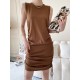 Drawstring Solid Color Loose Sleeveless Round-Neck Mini Dresses