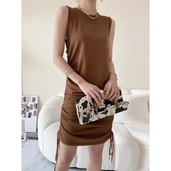 Drawstring Solid Color Loose Sleeveless Round-Neck Mini Dresses