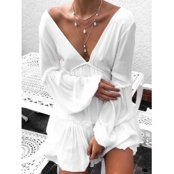 Backless Elasticity Pleated Solid Color Split-Joint A-Line Long Sleeves Deep V-Neck Mini Dresses