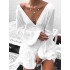 Backless Elasticity Pleated Solid Color Split-Joint A-Line Long Sleeves Deep V-Neck Mini Dresses