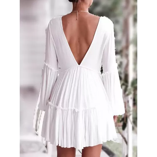 Backless Elasticity Pleated Solid Color Split-Joint A-Line Long Sleeves Deep V-Neck Mini Dresses