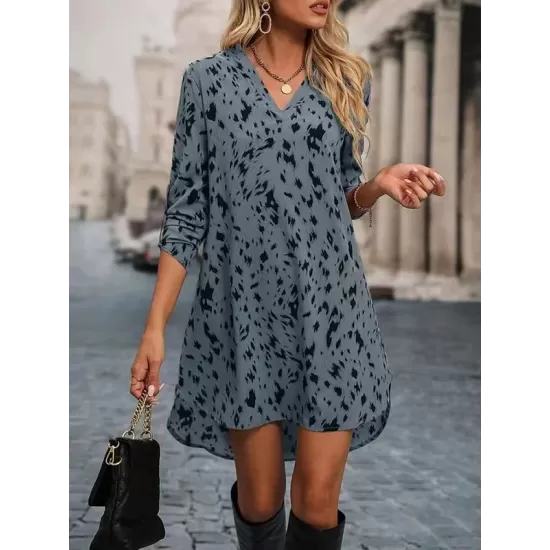 Leopard High-Low Long Sleeves V-Neck Mini Dresses