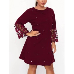 Mesh Polka-Dot Split-Joint Three-Dimensional Flower A-line Loose Round-neck Mini Dresses