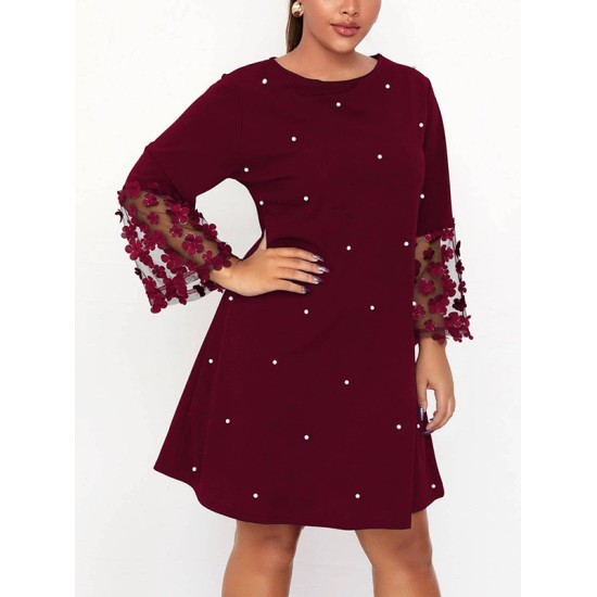 Mesh Polka-Dot Split-Joint Three-Dimensional Flower A-line Loose Round-neck Mini Dresses