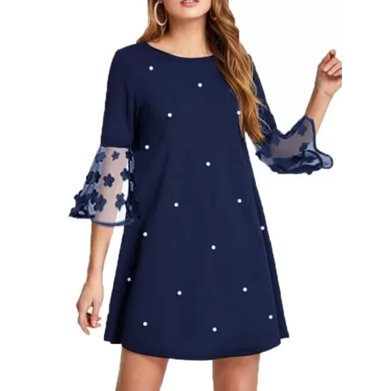 Mesh Polka-Dot Split-Joint Three-Dimensional Flower A-line Loose Round-neck Mini Dresses