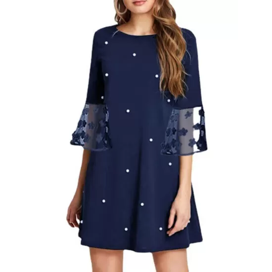 Mesh Polka-Dot Split-Joint Three-Dimensional Flower A-line Loose Round-neck Mini Dresses