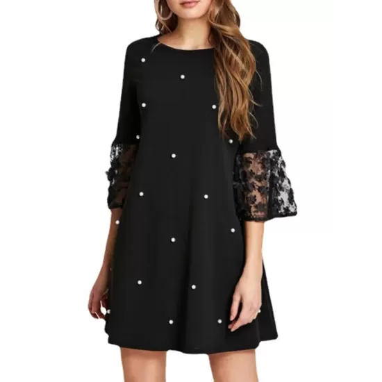 Mesh Polka-Dot Split-Joint Three-Dimensional Flower A-line Loose Round-neck Mini Dresses