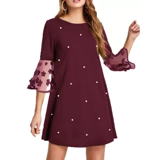 Mesh Polka-Dot Split-Joint Three-Dimensional Flower A-line Loose Round-neck Mini Dresses