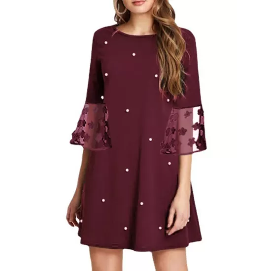 Mesh Polka-Dot Split-Joint Three-Dimensional Flower A-line Loose Round-neck Mini Dresses