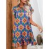 Hollow Pleated Printed Split-Joint Tied A-Line High Waisted Round-Neck Mini Dresses