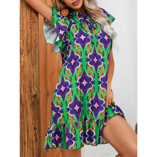 Hollow Pleated Printed Split-Joint Tied A-Line High Waisted Round-Neck Mini Dresses