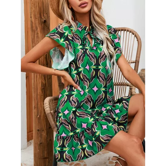 Hollow Pleated Printed Split-Joint Tied A-Line High Waisted Round-Neck Mini Dresses