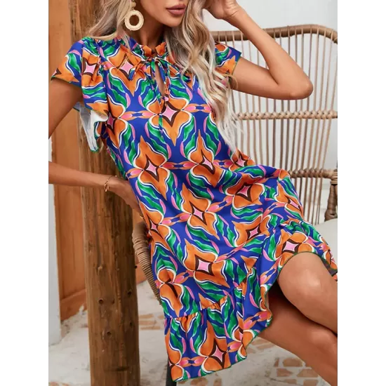 Hollow Pleated Printed Split-Joint Tied A-Line High Waisted Round-Neck Mini Dresses