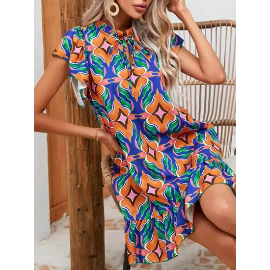 Hollow Pleated Printed Split-Joint Tied A-Line High Waisted Round-Neck Mini Dresses