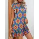 Hollow Pleated Printed Split-Joint Tied A-Line High Waisted Round-Neck Mini Dresses