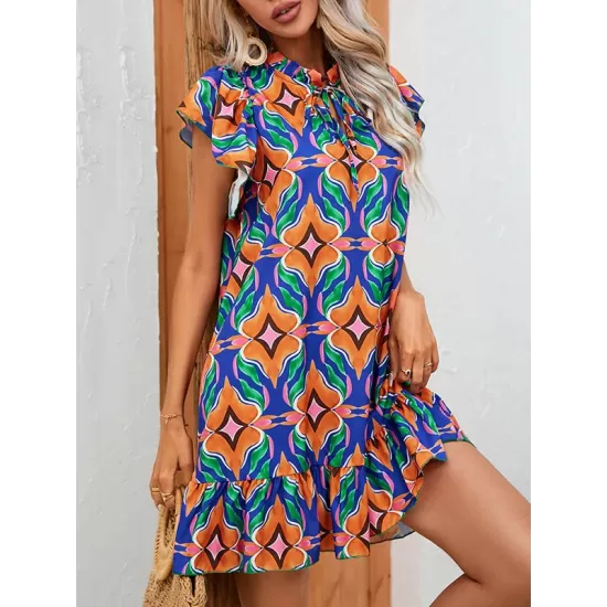 Hollow Pleated Printed Split-Joint Tied A-Line High Waisted Round-Neck Mini Dresses