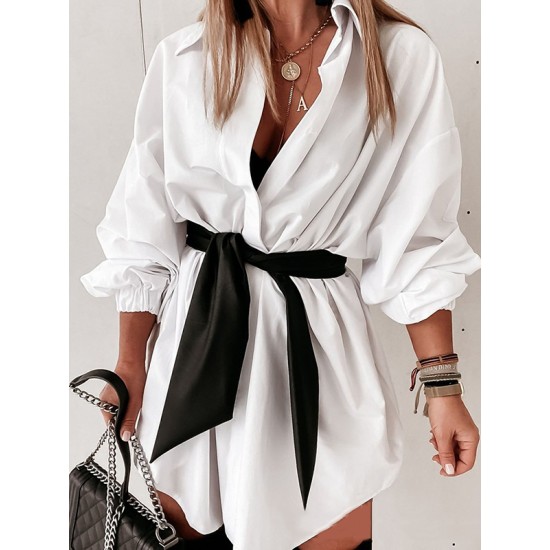 Elasticity Tied Waist Long Sleeves Loose Lapel Shirt Dress Mini Dresses