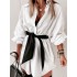 Elasticity Tied Waist Long Sleeves Loose Lapel Shirt Dress Mini Dresses