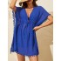 Drawstring See-Through Solid Color Tasseled Batwing Sleeves Loose V-Neck Mini Dresses Beach Cover-Up