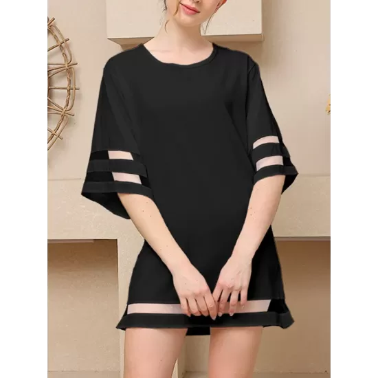 Mesh Solid Color Split-Joint A-Line Half Sleeves Round-Neck Mini Dresses