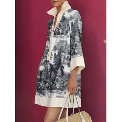 Long Sleeves Loose Printed Lapel Mini Dresses Shirt Dress