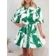 Contrast Color Floral Floral Printed Pleated Tied Waist Loose Puff Sleeves Lapel Shirt Dress Mini Dresses