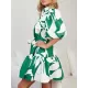 Contrast Color Floral Floral Printed Pleated Tied Waist Loose Puff Sleeves Lapel Shirt Dress Mini Dresses