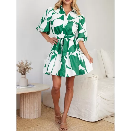 Contrast Color Floral Floral Printed Pleated Tied Waist Loose Puff Sleeves Lapel Shirt Dress Mini Dresses