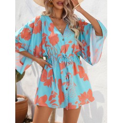 Buttoned Drawstring Flower Print A-Line Half Sleeves V-Neck Mini Dresses