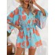 Buttoned Drawstring Flower Print A-Line Half Sleeves V-Neck Mini Dresses