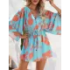 Buttoned Drawstring Flower Print A-Line Half Sleeves V-Neck Mini Dresses