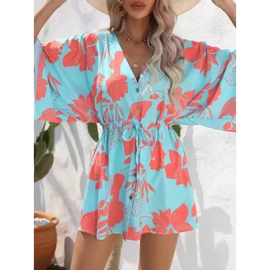 Buttoned Drawstring Flower Print A-Line Half Sleeves V-Neck Mini Dresses