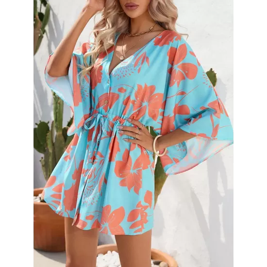 Buttoned Drawstring Flower Print A-Line Half Sleeves V-Neck Mini Dresses