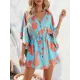 Buttoned Drawstring Flower Print A-Line Half Sleeves V-Neck Mini Dresses