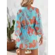 Buttoned Drawstring Flower Print A-Line Half Sleeves V-Neck Mini Dresses