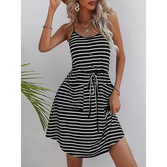 Buttoned Contrast Color Drawstring Pockets Striped A-Line Loose Spaghetti-Neck Mini Dresses