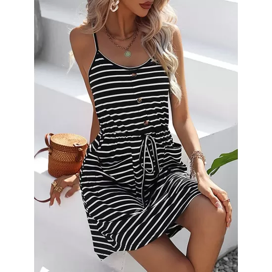 Buttoned Contrast Color Drawstring Pockets Striped A-Line Loose Spaghetti-Neck Mini Dresses