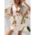 Buttoned Drawstring Leaves Print A-Line Half Sleeves V-Neck Mini Dresses