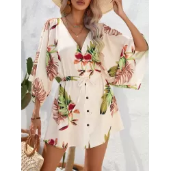 Buttoned Drawstring Leaves Print A-Line Half Sleeves V-Neck Mini Dresses