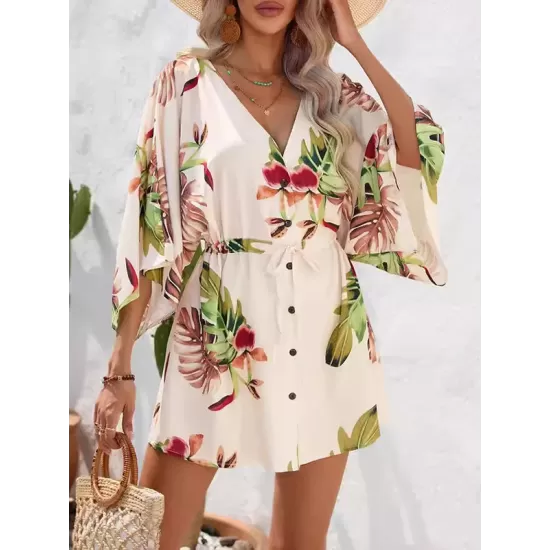 Buttoned Drawstring Leaves Print A-Line Half Sleeves V-Neck Mini Dresses