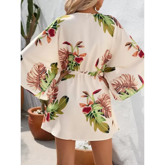 Buttoned Drawstring Leaves Print A-Line Half Sleeves V-Neck Mini Dresses