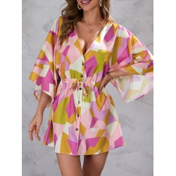 Buttoned Drawstring Printed A-Line Half Sleeves V-Neck Mini Dresses